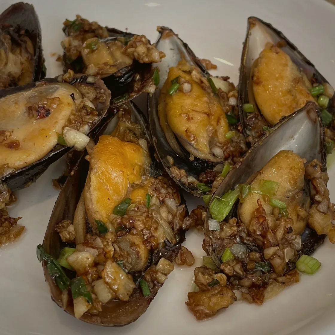 Half-shell mussels dressed with garlic, breadcrumb and parsley on a white plate.