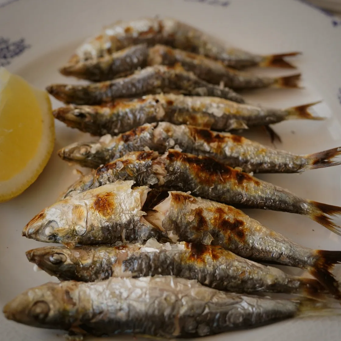 A row of grilled sardines on a blue-rimmed plate with a wedge of lemon.